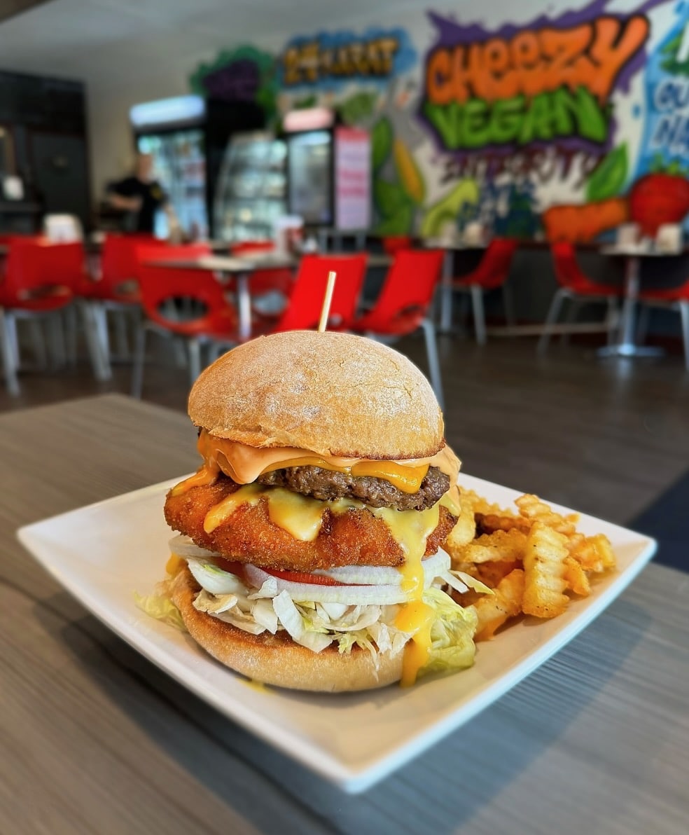 Sandwich and fries at Cheezy Vegan.